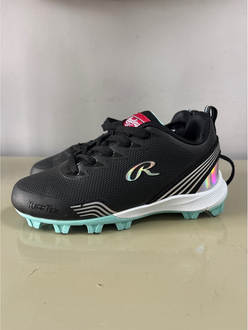 Rawlings Girls Black and Mint Tuff-Tex Baseball Cleats Size 13 Kids